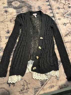 Gray Open-Knit Cable Cardigan with Lace Trim